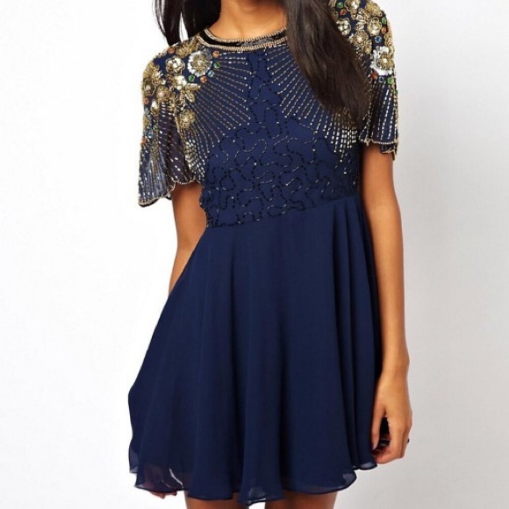 NWT Virgos Lounge Mini Dress Navy Blue Beaded Holiday Occasion Formal Size 6